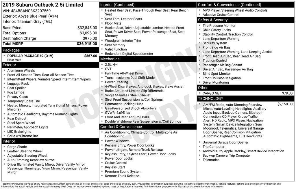 used 2019 Subaru Outback car, priced at $18,000