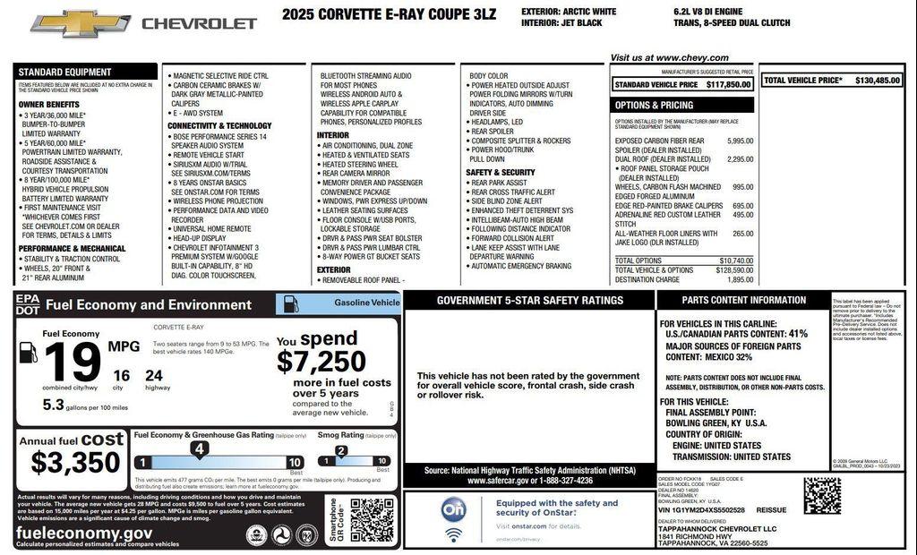 new 2025 Chevrolet Corvette E-Ray car, priced at $115,485