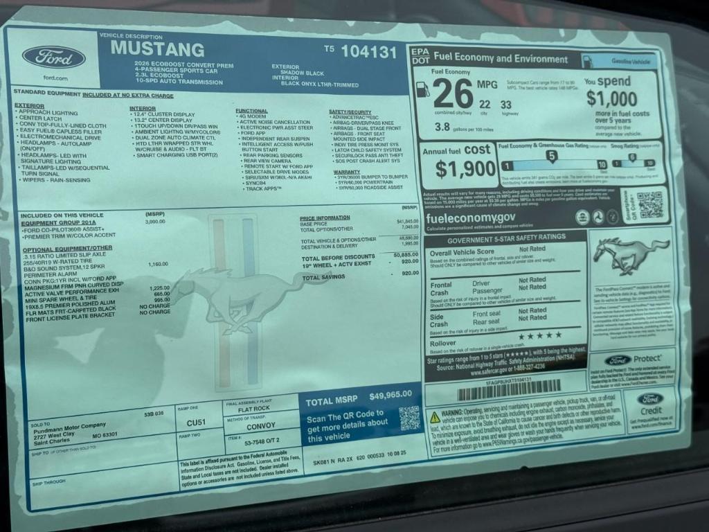 new 2026 Ford Mustang car, priced at $49,358