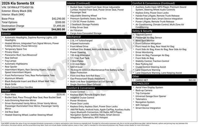 new 2026 Kia Sorento car, priced at $38,996