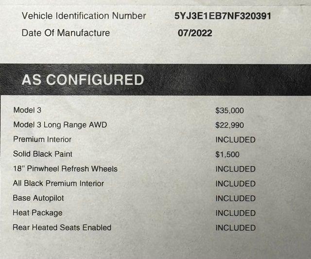 used 2022 Tesla Model 3 car, priced at $22,300