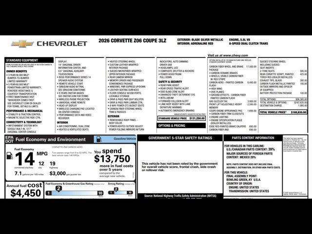 new 2026 Chevrolet Corvette car, priced at $154,995