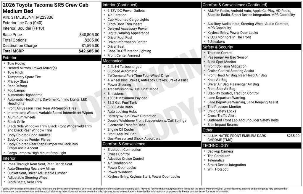 used 2026 Toyota Tacoma car, priced at $39,995