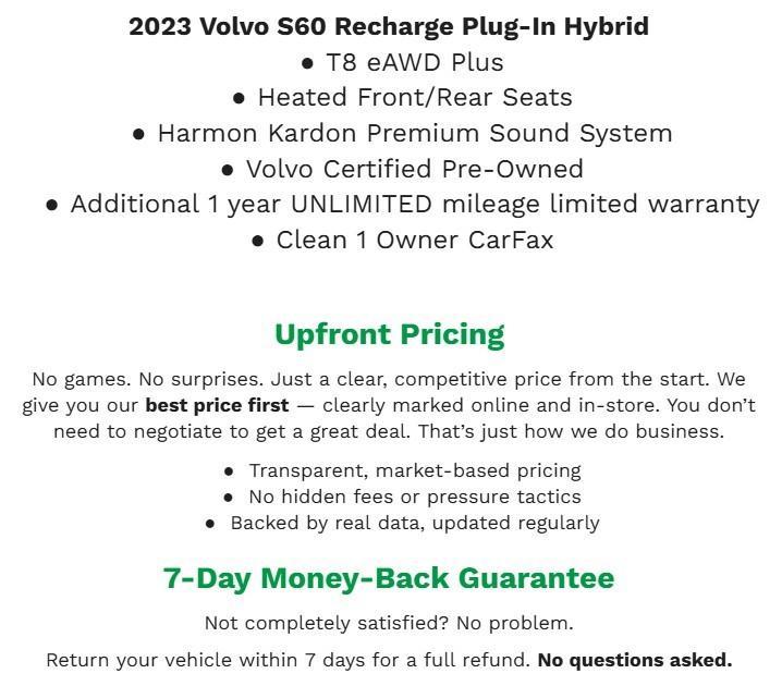 used 2023 Volvo S60 Recharge Plug-In Hybrid car, priced at $35,998