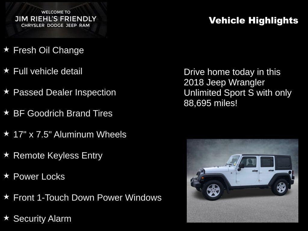 used 2018 Jeep Wrangler JK Unlimited car, priced at $18,587