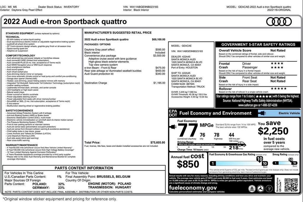 used 2022 Audi e-tron Sportback car, priced at $31,894