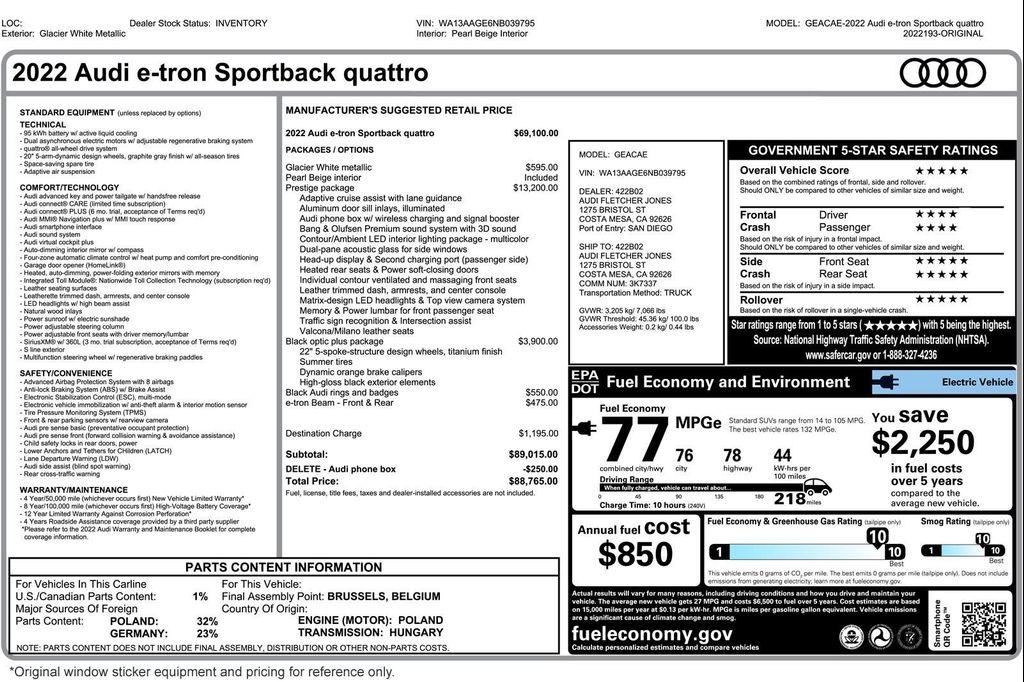 used 2022 Audi e-tron Sportback car, priced at $35,894