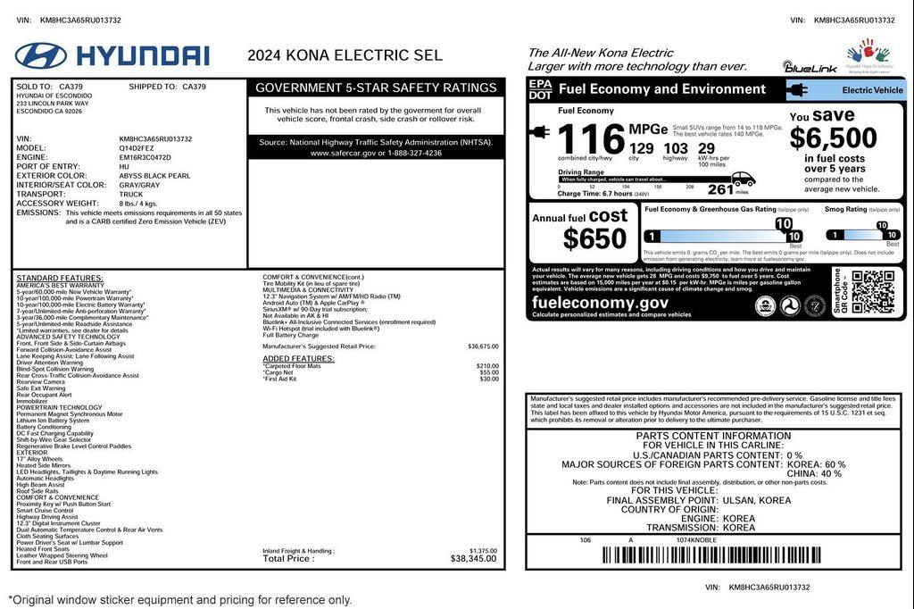 used 2024 Hyundai Kona EV car, priced at $21,979