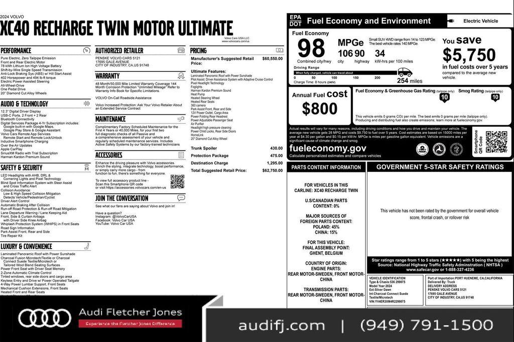 used 2024 Volvo XC40 Recharge Pure Electric car, priced at $38,893