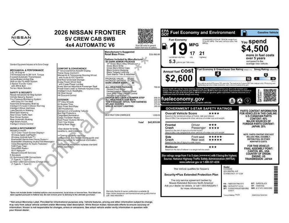 new 2026 Nissan Frontier car, priced at $39,935