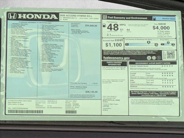 new 2025 Honda Accord Hybrid car, priced at $34,484