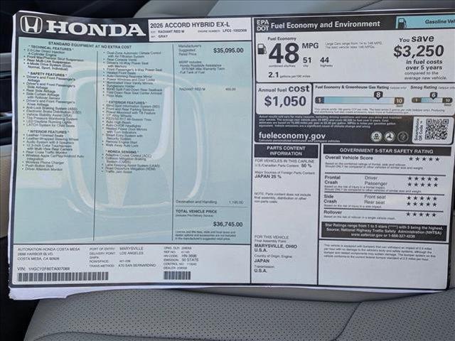 new 2026 Honda Accord Hybrid car, priced at $35,148