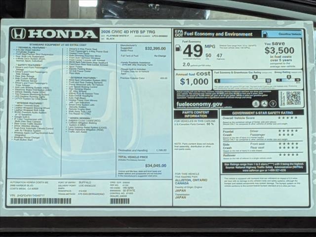 new 2026 Honda Civic Hybrid car, priced at $34,130