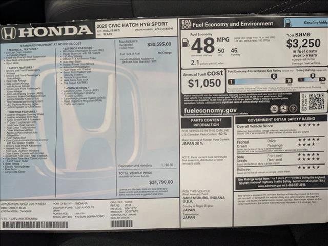 new 2026 Honda Civic Hybrid car, priced at $30,498