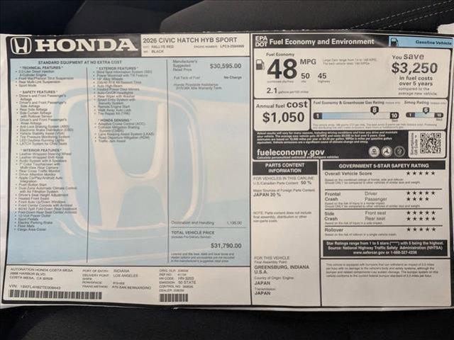 new 2026 Honda Civic Hybrid car, priced at $30,498