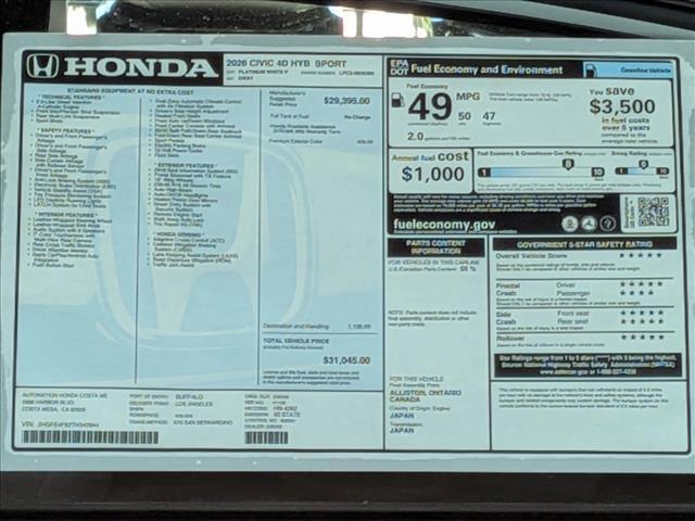 new 2026 Honda Civic Hybrid car, priced at $31,130