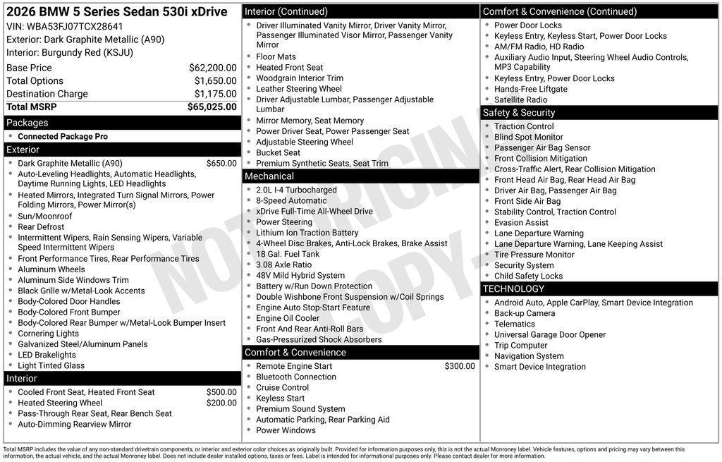 new 2026 BMW 530 car, priced at $65,900