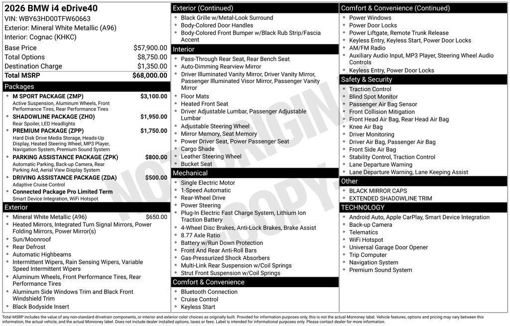 new 2026 BMW i4 Gran Coupe car, priced at $68,390