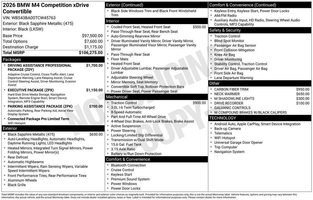 new 2026 BMW M4 car, priced at $118,025