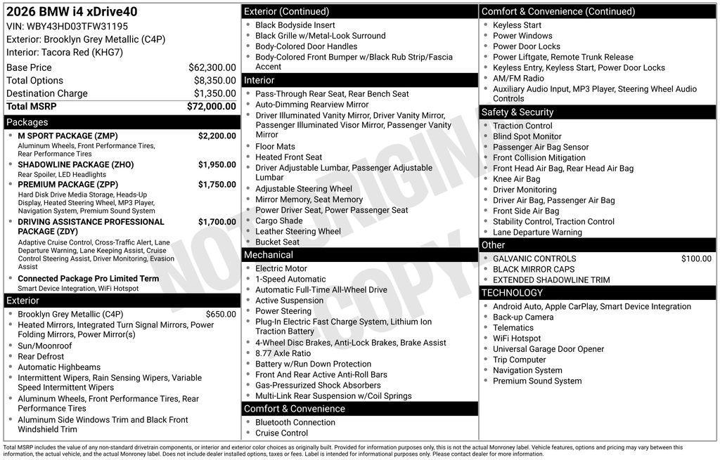 new 2026 BMW i4 Gran Coupe car, priced at $72,390