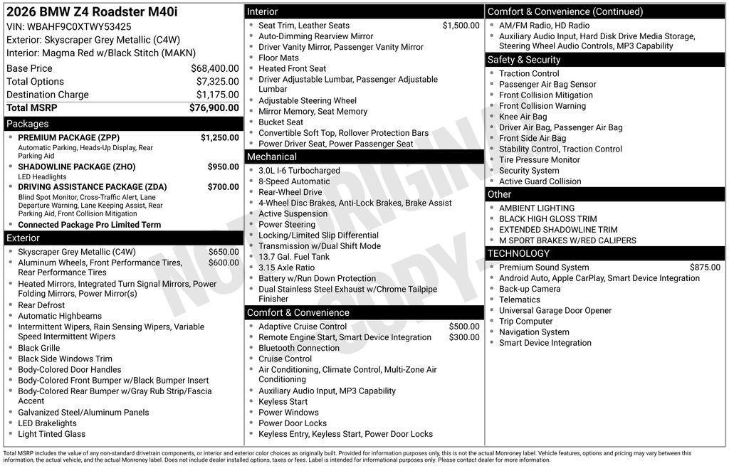 new 2026 BMW Z4 car, priced at $77,200