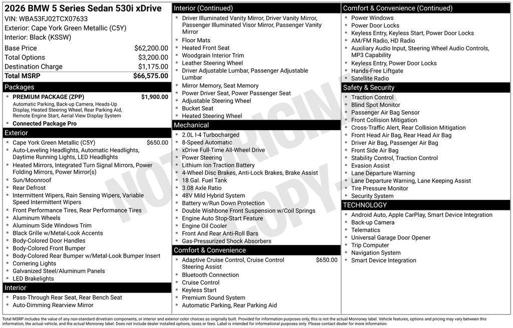 new 2026 BMW 530 car, priced at $66,850