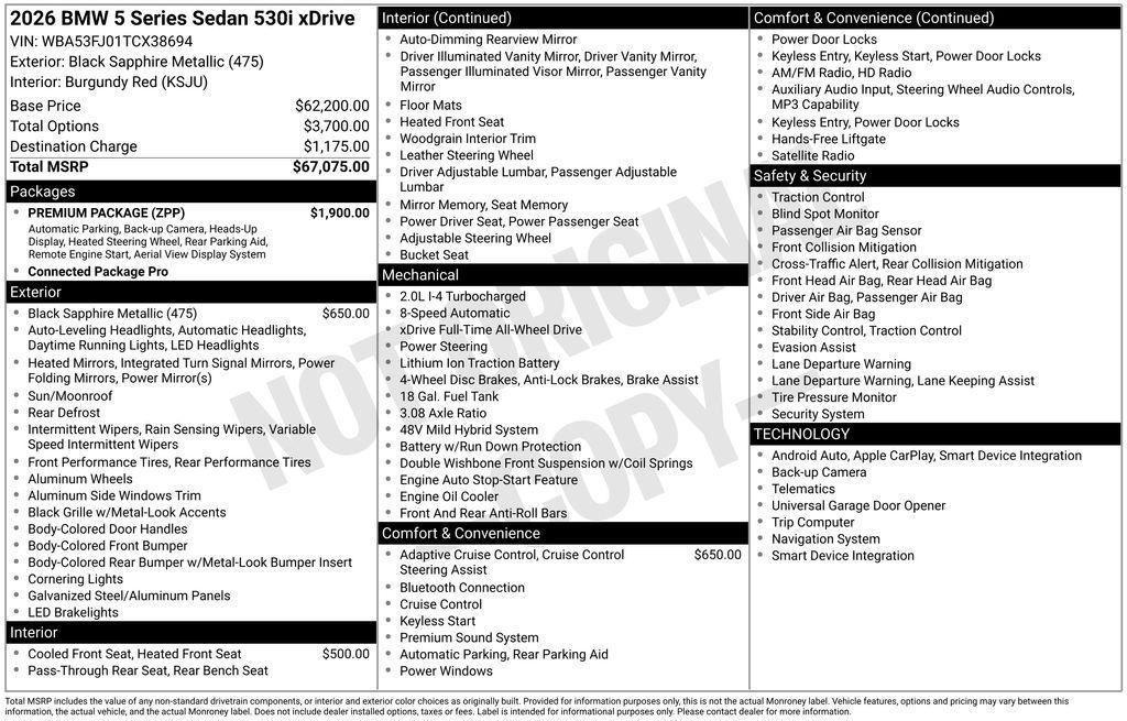 new 2026 BMW 530 car, priced at $67,950