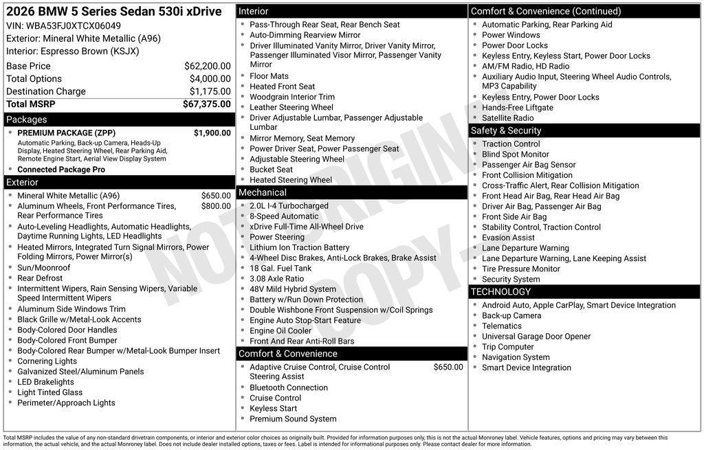 new 2026 BMW 530 car, priced at $67,650