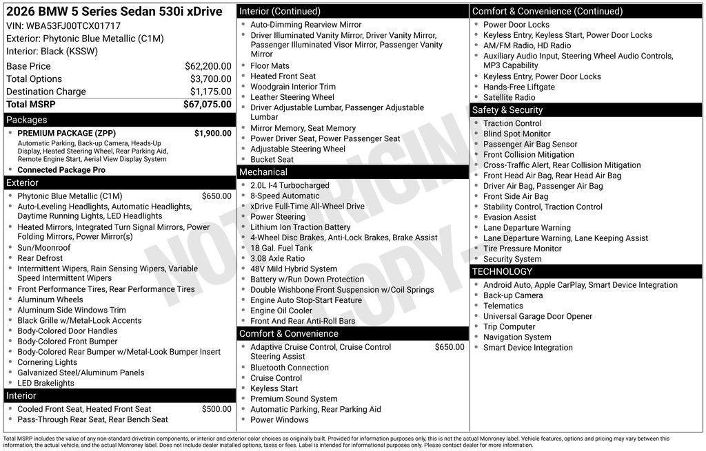 new 2026 BMW 530 car, priced at $67,765