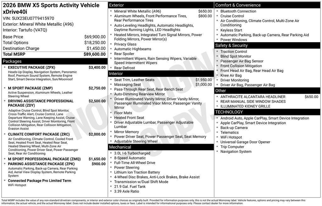 new 2026 BMW X5 car, priced at $90,300