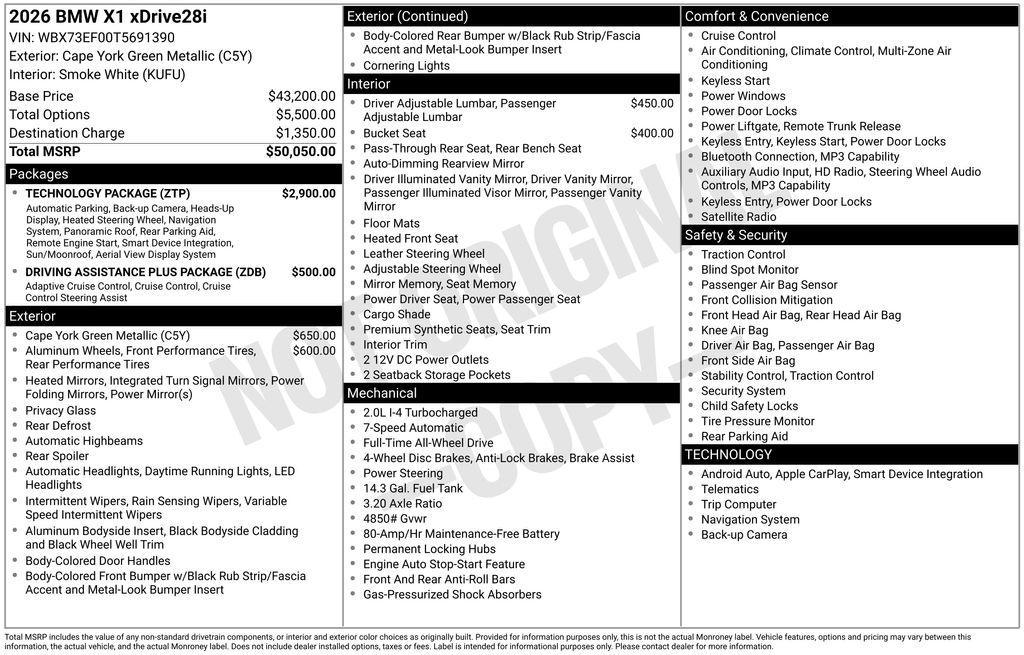 new 2026 BMW X1 car, priced at $50,620