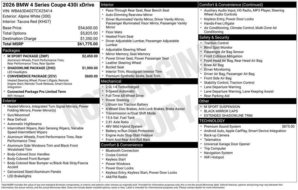 new 2026 BMW 430 car, priced at $60,900