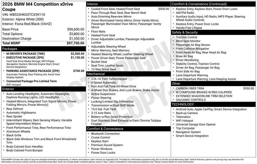 new 2026 BMW M4 car, priced at $99,030