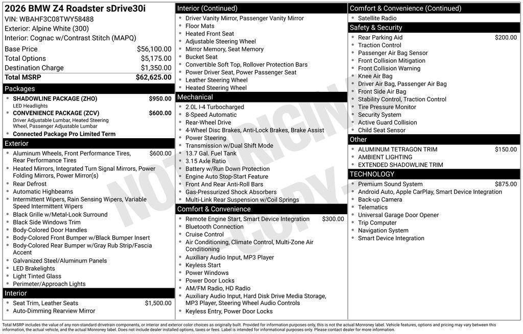 new 2026 BMW Z4 car, priced at $62,625