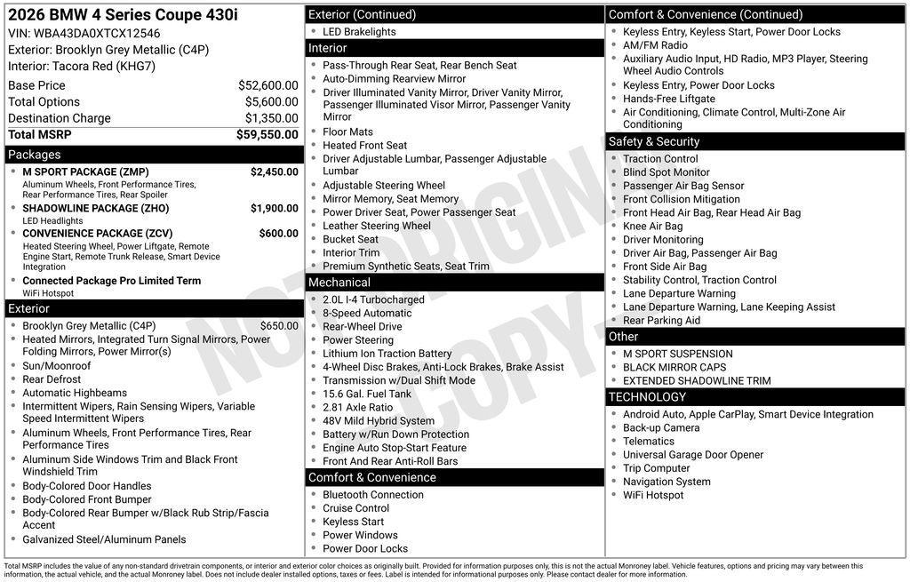 new 2026 BMW 430 car, priced at $60,190