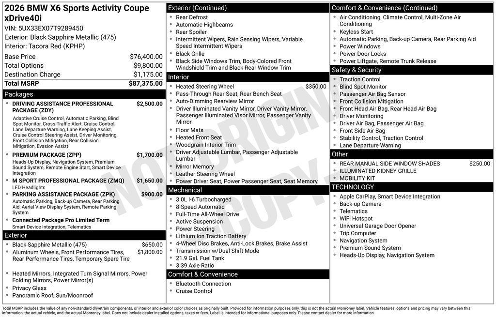 new 2026 BMW X6 car, priced at $87,550