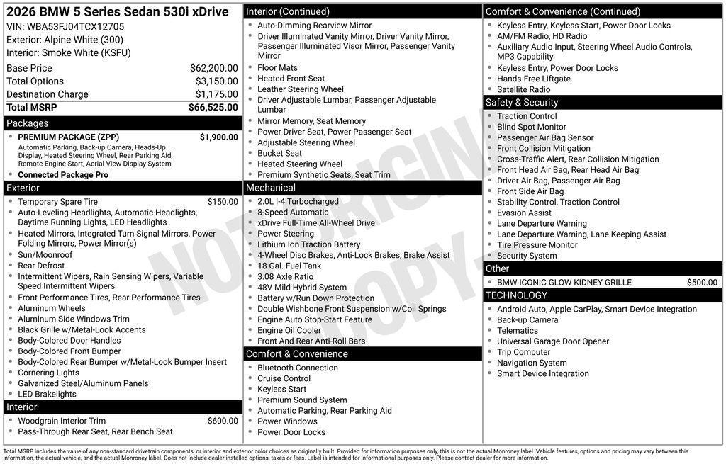 new 2026 BMW 530 car, priced at $66,650