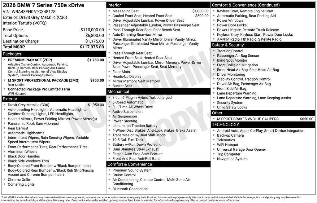 new 2026 BMW 750e car, priced at $117,350