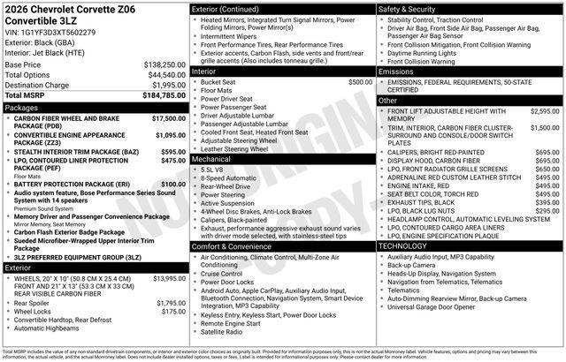 new 2026 Chevrolet Corvette car, priced at $172,890