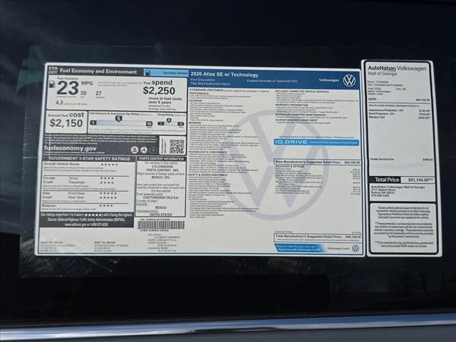 new 2026 Volkswagen Atlas car, priced at $44,006
