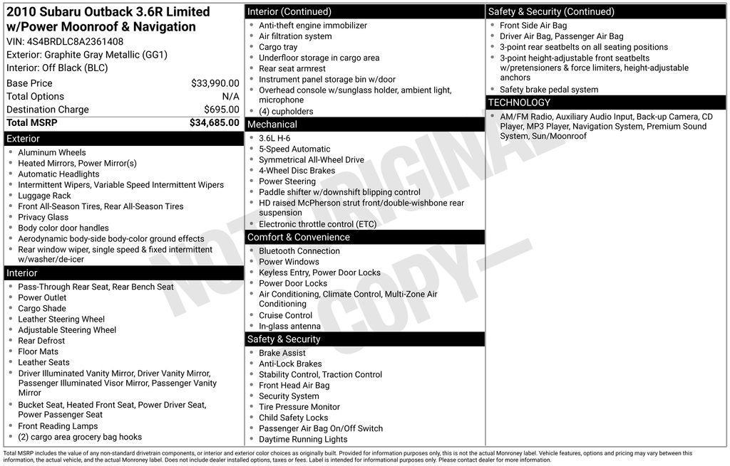 used 2010 Subaru Outback car, priced at $8,911