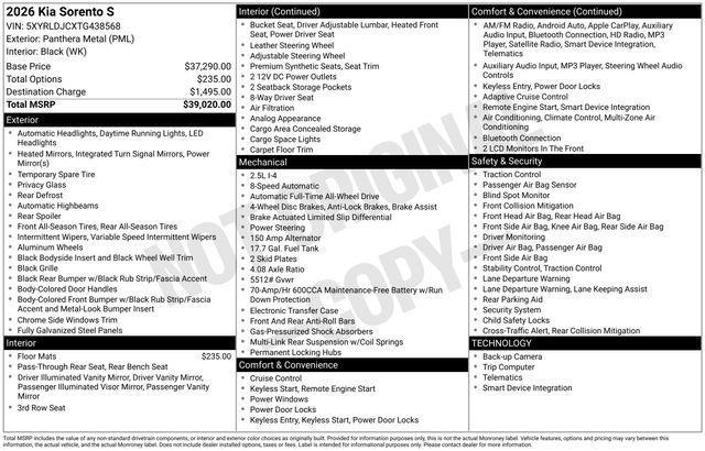 new 2026 Kia Sorento car, priced at $35,662