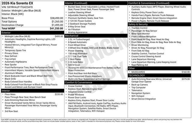 new 2026 Kia Sorento car, priced at $37,260