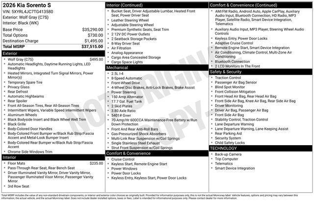 new 2026 Kia Sorento car, priced at $34,158
