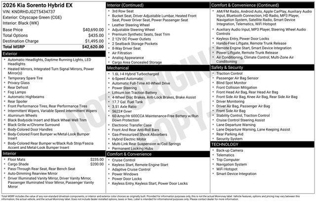 new 2026 Kia Sorento Hybrid car, priced at $39,288