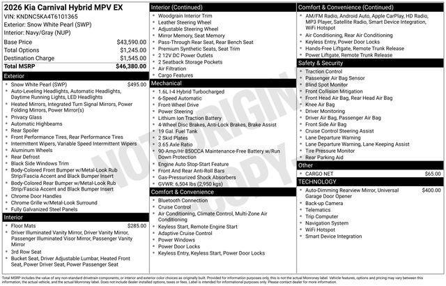 new 2026 Kia Carnival Hybrid car, priced at $44,325