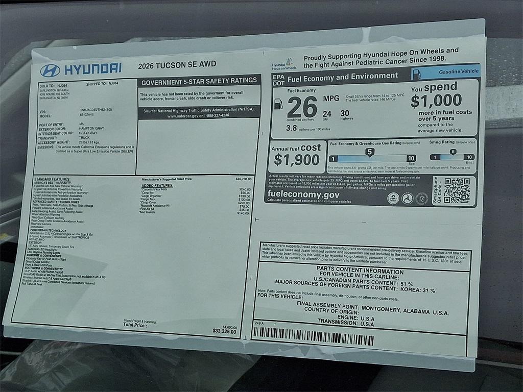 new 2026 Hyundai Tucson car, priced at $33,325