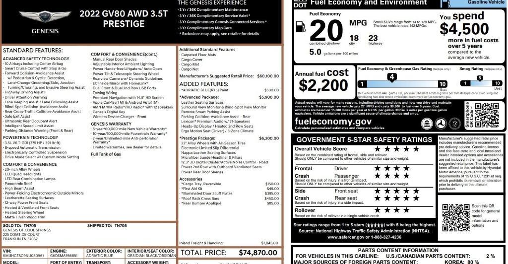 used 2022 Genesis GV80 car, priced at $35,558