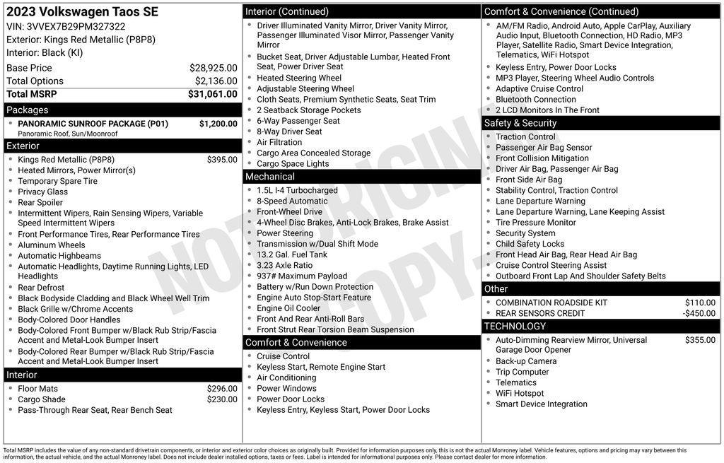 used 2023 Volkswagen Taos car, priced at $23,225