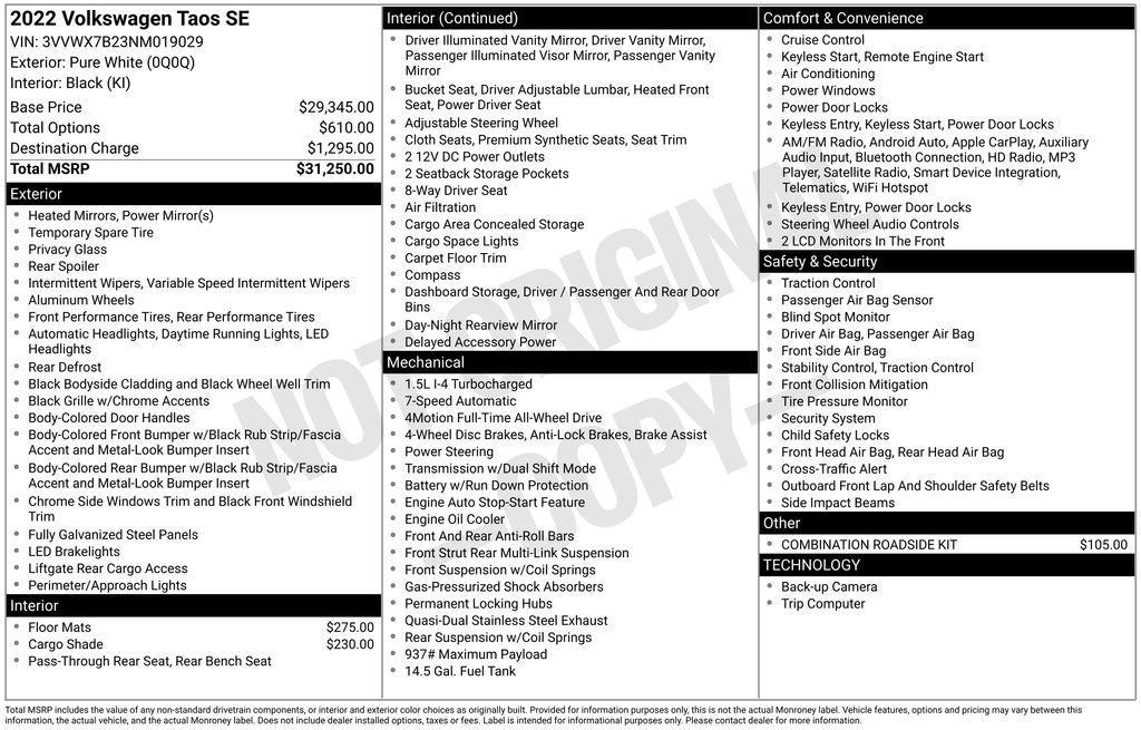 used 2022 Volkswagen Taos car, priced at $19,405